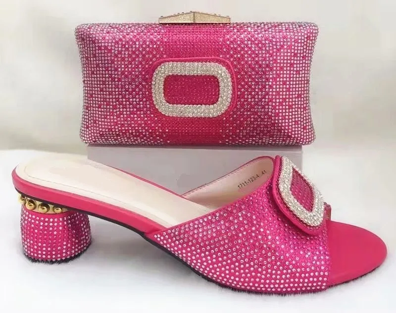 

Beautiful fuchsia women pumps with rhinestone design african shoes match handbag set for dress A1032