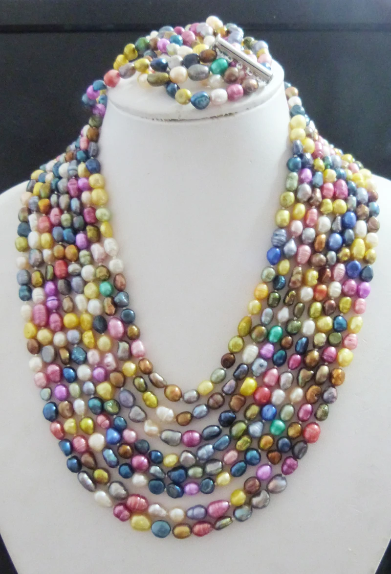 

5-6MM 8 layer colorful 100% freshwater pearl necklace / bracelet set