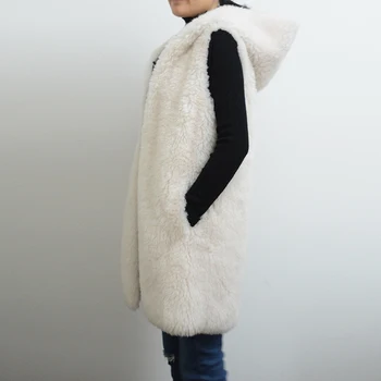 

rf0145 Long Style Women's Real Fur Vest with Hood 100% Wool White Sleeveless Real Wool Hoodie