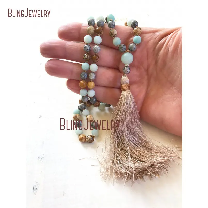20190314-MN21252-jasper mala beads for confidence amazonite mala necklace hand knotted mala beads 108 bead meditation mala mixed stones silk tassel