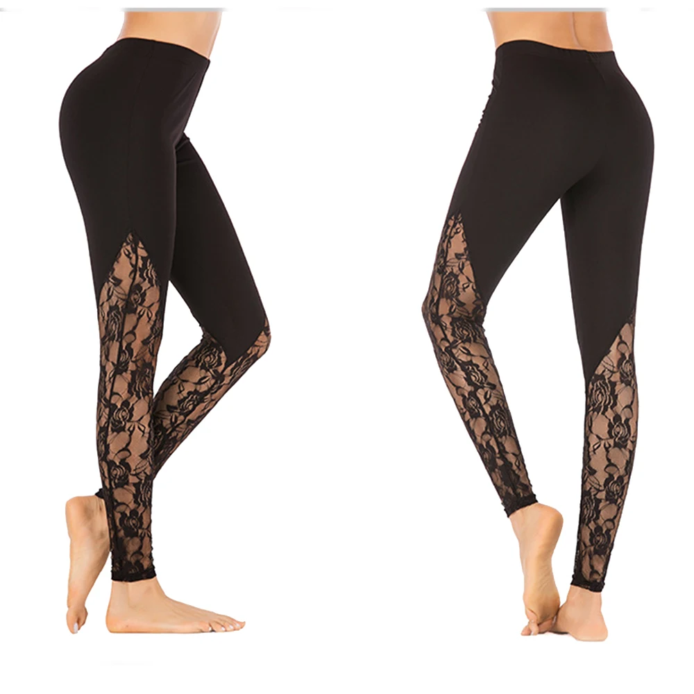 

Plus Size Women Lace Tights Pants Floral Patchwork Stretchy Breathable Sport Trousers Running Pants Skinny Casual 4 Colors 2019
