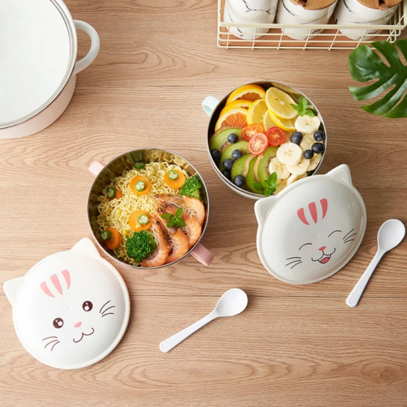 Миска для лапши быстрого приготовления из нержавеющей стали с ручкой в форме кота из мультфильма, контейнер для еды, бытовая обеденная посуда, миска для супа, миска для риса