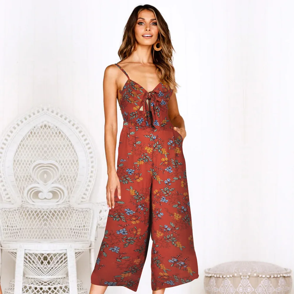 Girl Sexy Strap Lace Up Jumpsuits Summer Women V Neck Fashion Flower Bodysuit Wide Leg Pants ankle length Trousers Girl Sexy Strap Lace Up Jumpsuits Summer Women V Neck Fashion Flower Bodysuit Wide Leg Pants ankle length Trousers