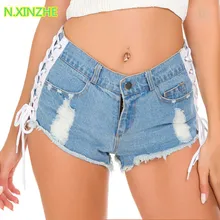 Женская одежда середине талии отверстие на шнуровке сплошной мыть хлопок укороченные джинсы женские пикантные модные тонкие джинсовые шорты 829