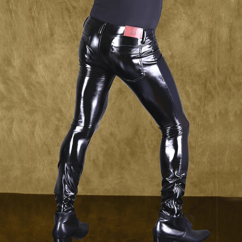 Пикантные Для мужчин высокий эластичный ПВХ блестящие узкие штаны из кожзаменителя кожаные модные панковские штаны на молнии спереди глянцевый узкие брюки для девочек, легкая одежда, F116