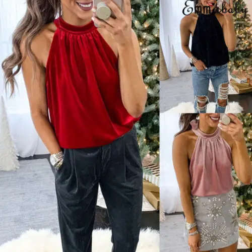 

Women Sexy Fashion Halter Vest Loose Top Velvet Sleeveless T-Shirts Blouse Shirt