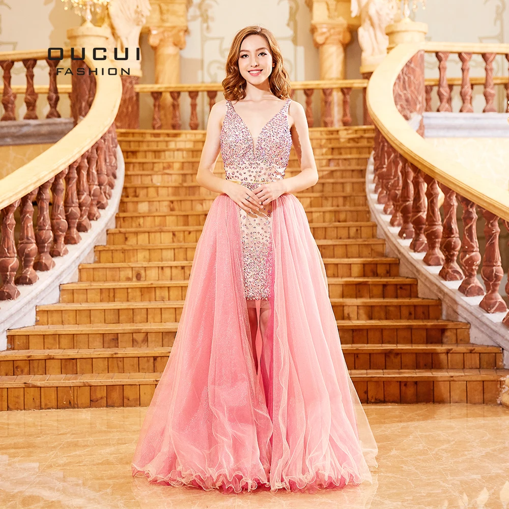 

Red Robe Cocktail Dresses 2018 Evening Party V Neck Tulle Beaded Ball Gown Detachable Train Sheath short Prom Dress OL102304