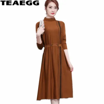 

TEAEGG Casual Brown Dress Femme Mid Long Woman Dress 2020 Spring Autumn New Womens Dresses Clothes Vestidos De Festa AL632