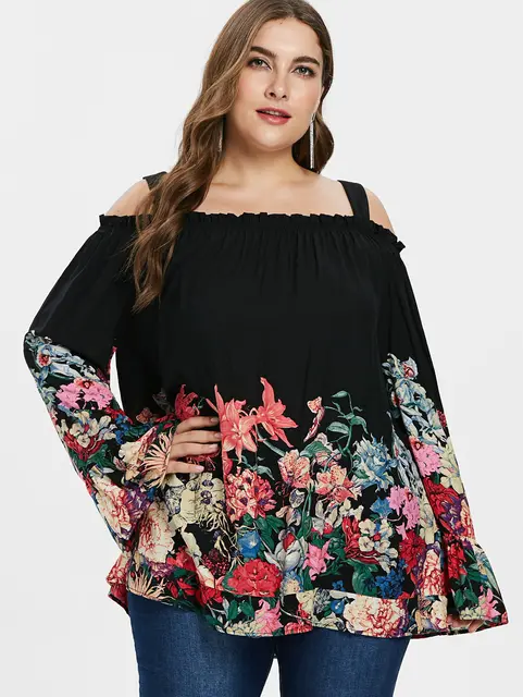 Wipalo Plus Size 5xl Floral Print Flare Sleeve Cold Shoulder Blouse