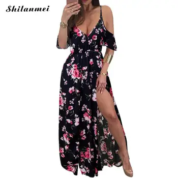 

Boho Floral Print Women Summer Long Beach Maxi Dresses Off Shoulder Robe Deep V Neck Side Slit Sundresses Evening Holiday Dress