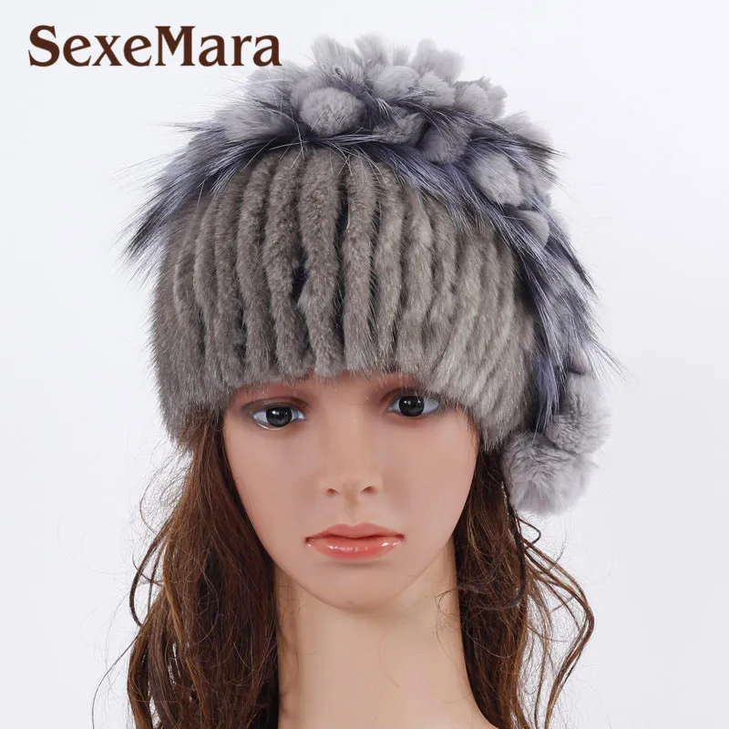 ФОТО New mink Fur Hats For Women With Rex Rabbit Fur Flowers Top 2017 Russia Style Fox Fur Cap Fashion Female Knit Beanies