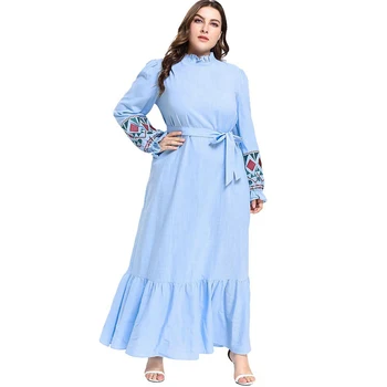 

2019 Spring New Muslim Dress Frilled Neck Geometric Embroidery Self-belt Maxi Falbala Ruffle Hem Long Party Dresses Vestidos 4XL