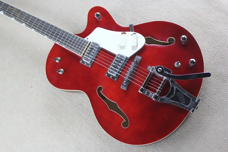 

Factory custom claret-red semi-hollow electric guitar with double 3-way switch,2 humbucking pickups,can be changed