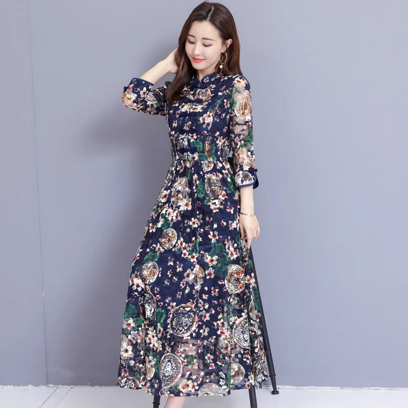 

YICIYA blue Dresses Woman Party Night Plus Size 2019 for Big Women Midi Floral Print Dress Long Sleeve Summer Elegant Vintage