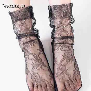 

[WPLOIKJD]Handmade Pearl Silk Lace Transparent Mesh Socks Flanging Japan Harajuku Art Lace Socks Women Glass Sexy Meias Calcetin