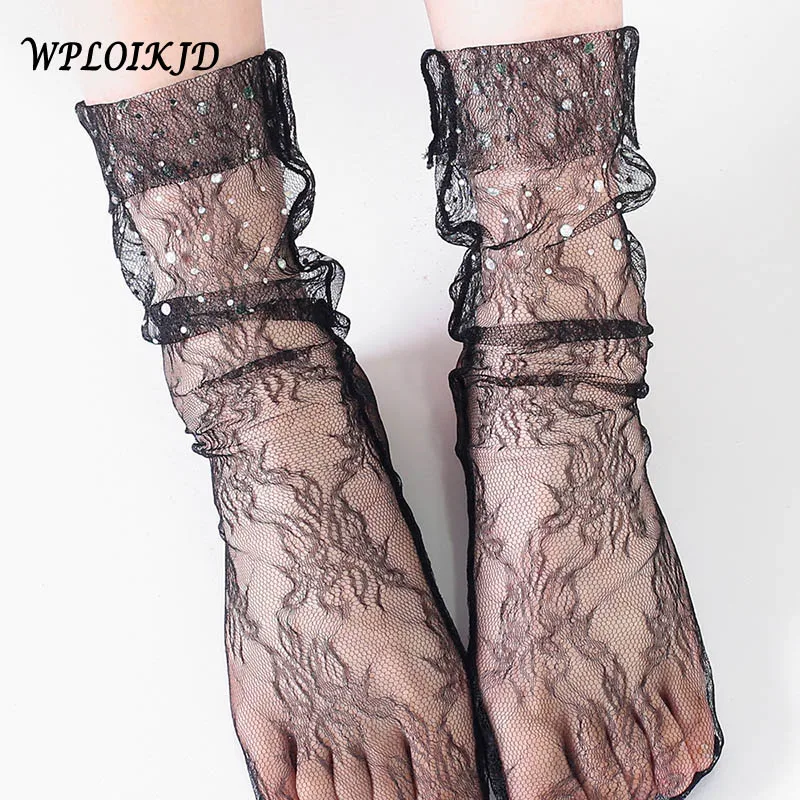 

[WPLOIKJD]Handmade Pearl Silk Lace Transparent Mesh Socks Flanging Japan Harajuku Art Lace Socks Women Glass Sexy Meias Calcetin