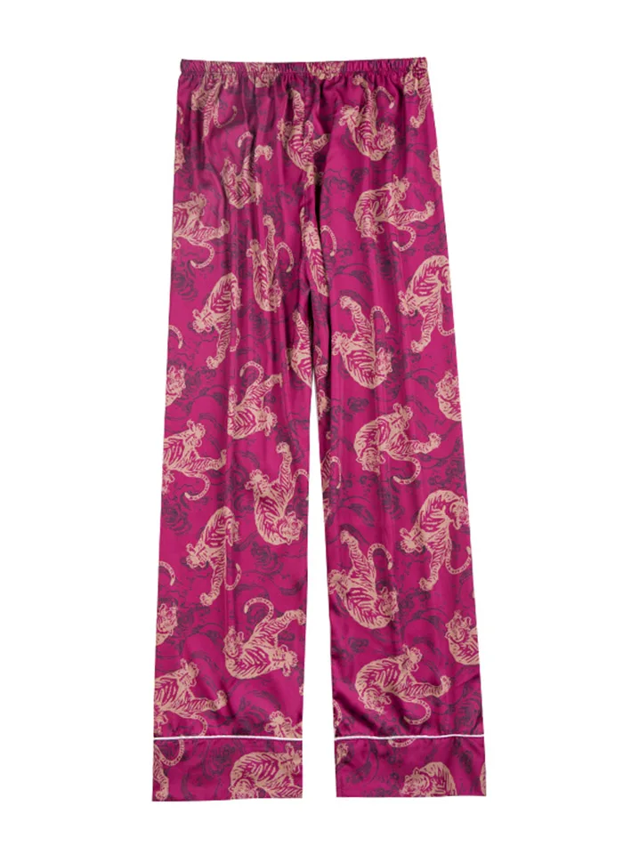 Red Trousers Мужской костюм для домашнего обслуживания из искусственного шелка, раскрашенный как тигр, пижамный комплект, ночная рубашка с длинными рукавами+ длинные пижамные штаны, мужской халат с поясом - Цвет: Red Trousers