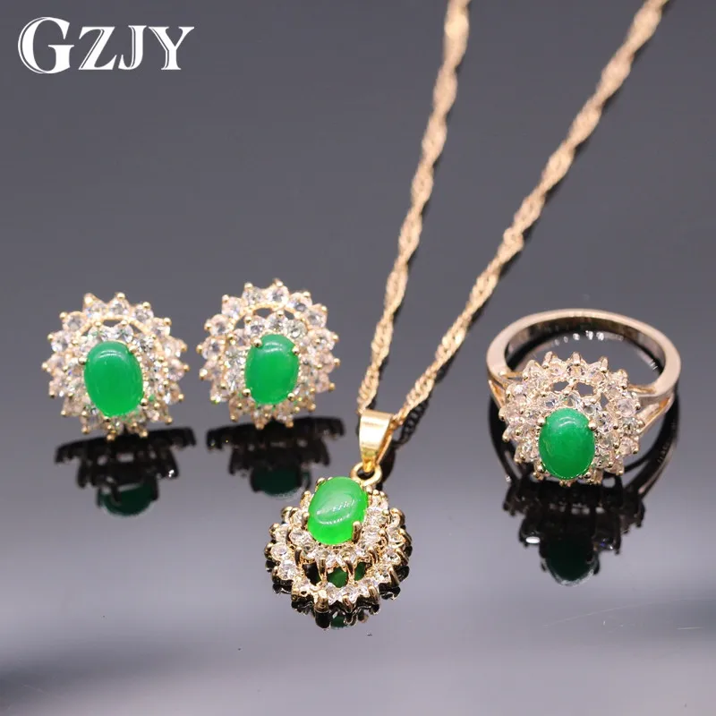 

GZJY Fashion Party Jewelry Set Rose Gold Color Green Stone Zirconia Pendant Necklace Earrings Ring Set For Women