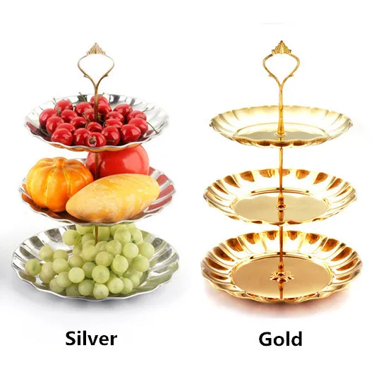 3 layer sliver gold option Stainless steel fruit plate pastry tray