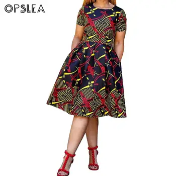 

Opslea Dashiki African Round Collar Skater Dress Ethnic Print Skater Summer Short Sleeve Beach Skirt Zipper Clothes For Women
