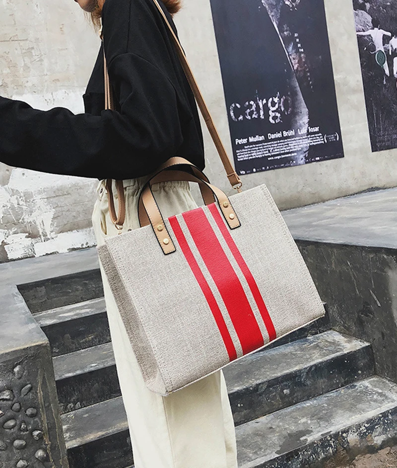 Women Patchwork Handbag INS Popular Female Holiday Canvas Bag Large Lady Korean Shopping Shoulder Bag Beach Fashion Bolsa SS7336 (8)