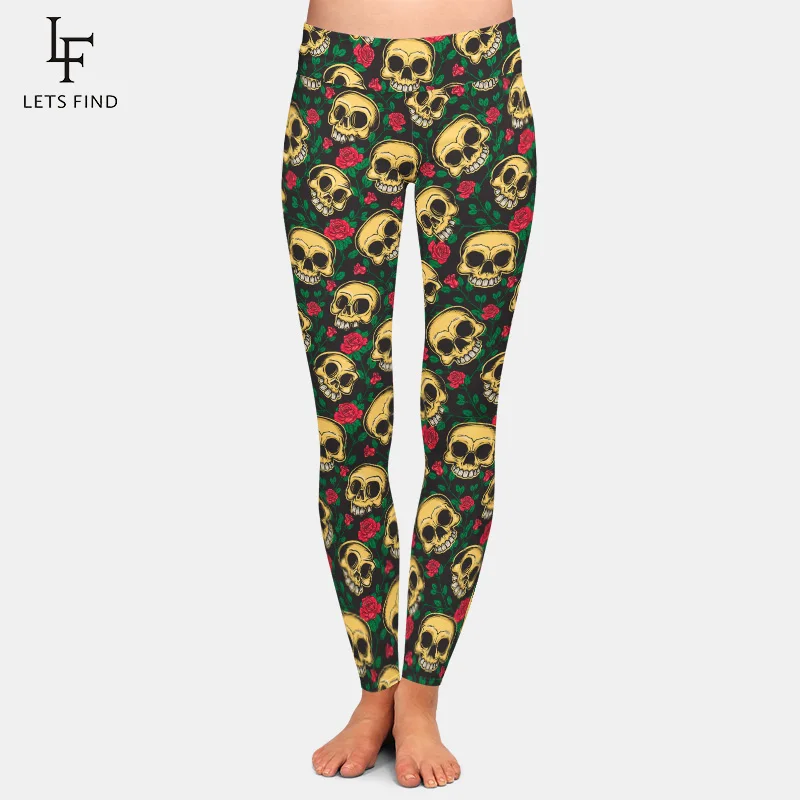 

New Arrival Skull and Rose Print High Waist Women Leggings Fashion Elastic Milk Silk Plus Size Sexy Leggings Woman Pants