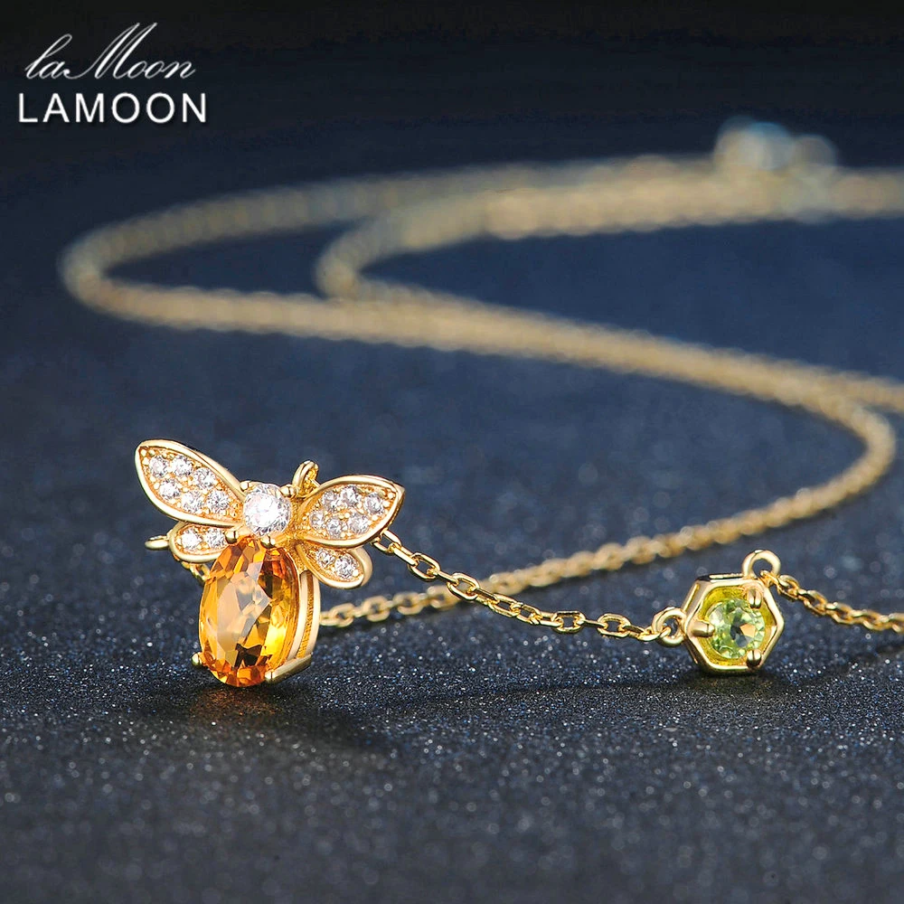 LAMOON Bee 5x7mm 1ct 100% Natural Citrine 925 Sterling Silver Jewelry 14K Yellow Gold Plated Chain Pendant Necklace S925 LMNI015 - Image 3