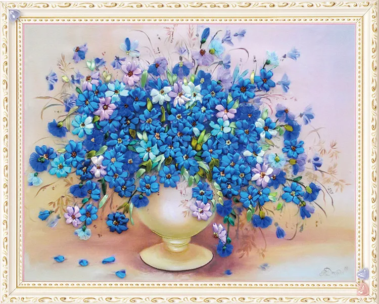 

45*60CM 3D blue flower vase Ribbon embroidery kit handcraft kit DIY handmade needlework hand sewing art wall home decor