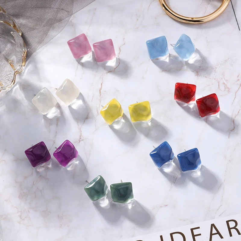 

Japanese Geometric Resin Square Stud Earrings For Women Fresh Korean Candy Earrings Irregular Square Brincos Ear Jewelry