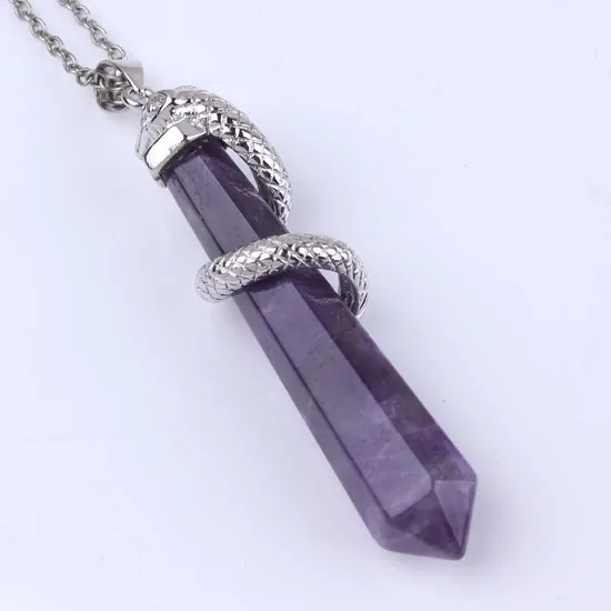 Natural Gnergy Gemstone~ Silver Plated Amethysts Rose Pink Quartz Opalite Opal Stone Hexagon Prism Wrapped Snake Pendant Charm Jewelry 3 AA00201010301a