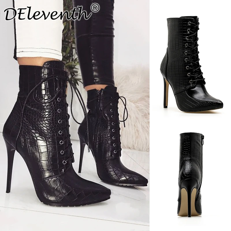 

DEleventh Pointed toe stiletto high heels short boots PU leather lace up ankle boots for women thin heel women's boots 42 size