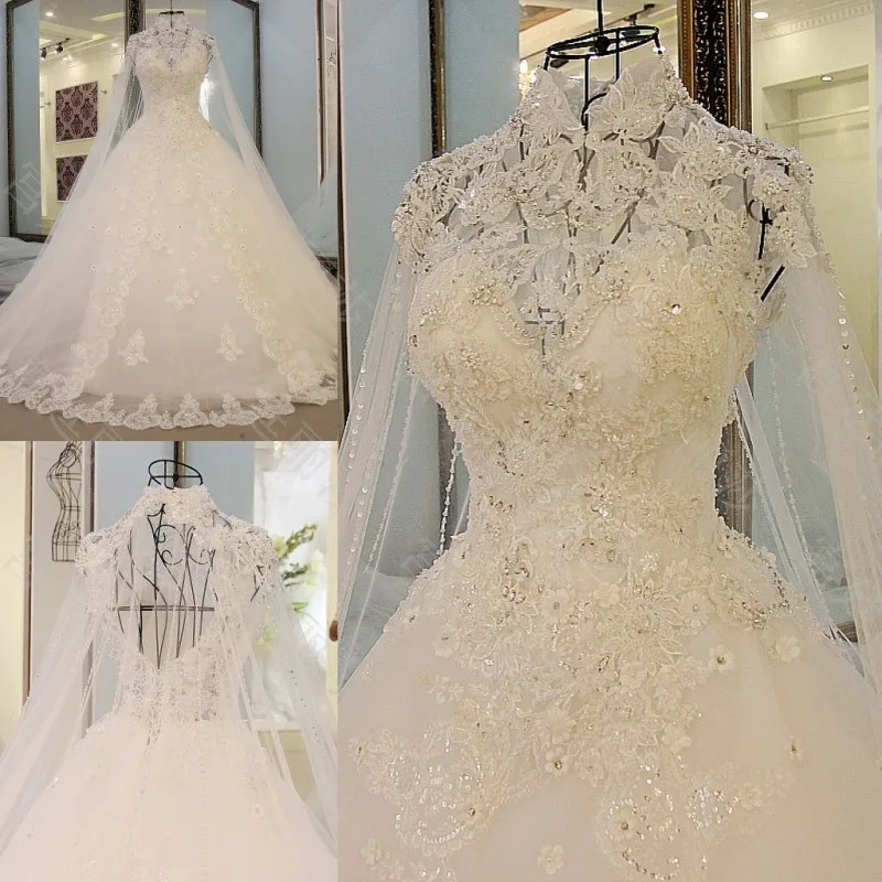 

Long Train Wedding Dress Beige Beading Crystal Tulls Long Floor Length Long Sleeves Bride Dress 2019 ffroc priodas