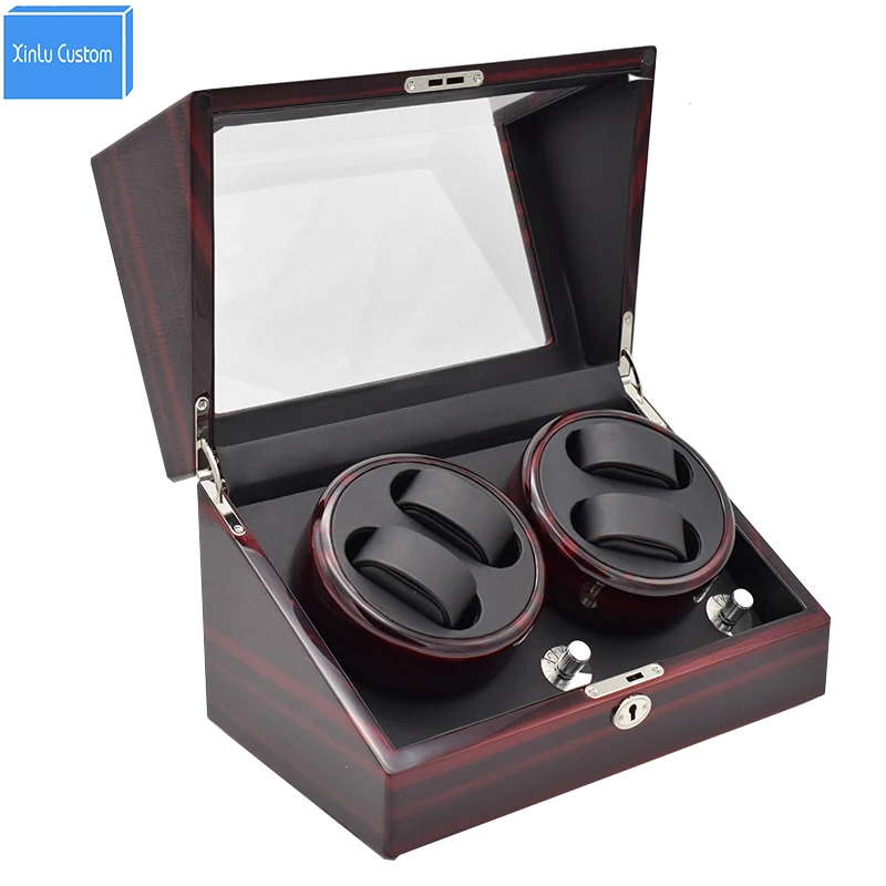 

Automatic wood watch display case box watch winders glossy black leather lock rotate 4 watchwinder in battery storage boxes hold