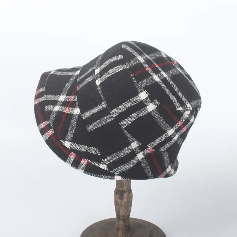 USPOP, повседневные зимние шапки для женщин, шерстяные шапки-ведерки, женские модные клетчатые шляпы-ведерки с плоским верхом, фетровые шляпы - Цвет: Черный