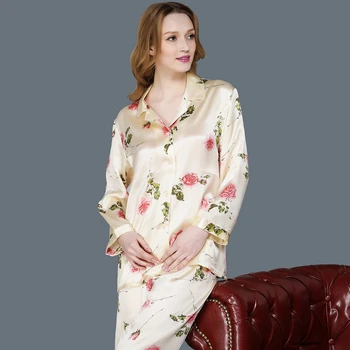 

Silk Pajama Female 100% SILK Sleepwear Women Long-Sleeve Pyjama Pants Two-Piece Silk Pajamas Sets High Quality Home Clothing