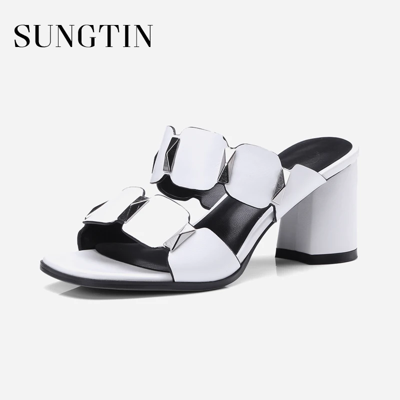 

Sungtin Sexy High Heels Slippers Women Elegant Genuine Leather Party Shoes Peep Toe Slides Female Summer Square Heel Mules