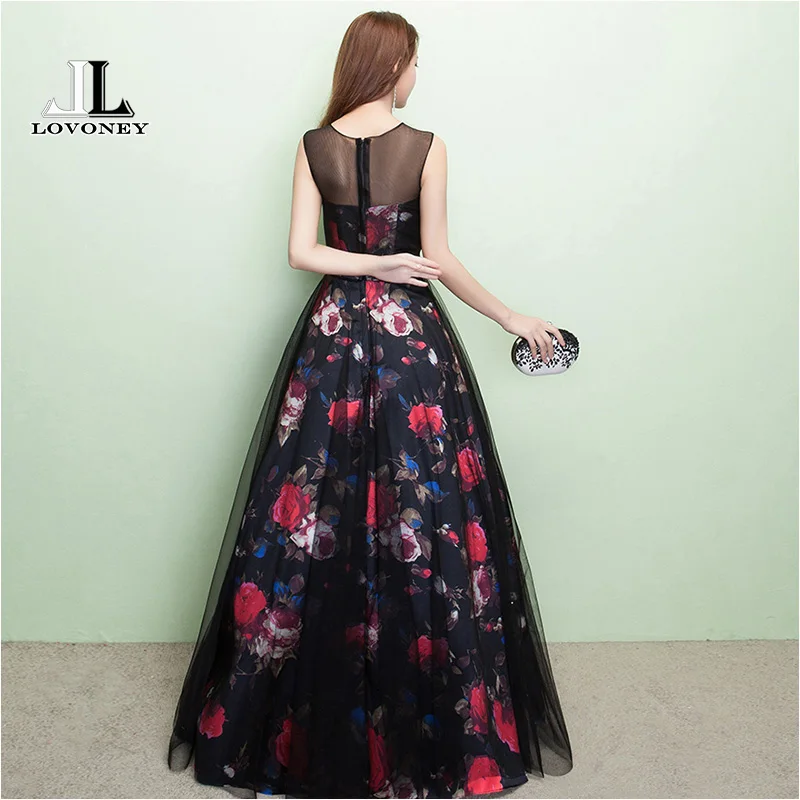 LOVONEY 2019 New Design Flower Pattern Elegant Evening Dress Long See Through Back Formal Party Dresses Evening Gown M209