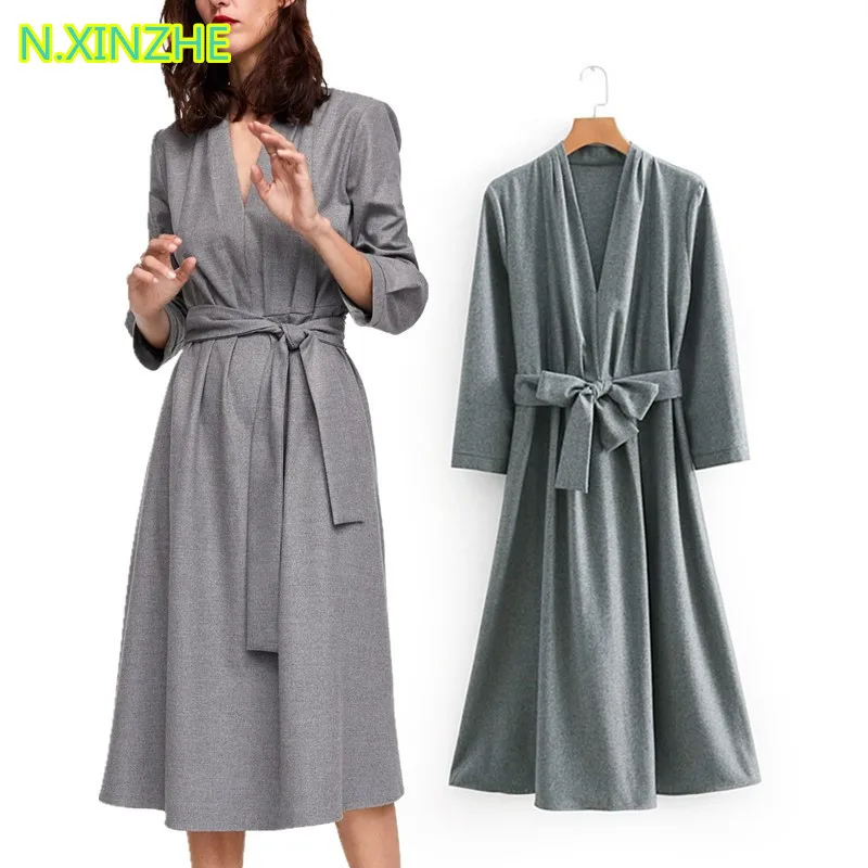 

N.XINZHE 2018 women clothing wrist sleeve V-Neck draped solid dress Female high street fashion belt slim Midi dresses S5276