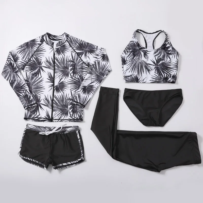 

Top Sale Korean Women's Four Pieces Couple Swimsuit Zipper Long Sleevs Rash Guards Box Pants Tankini Set Suit