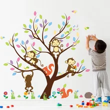Лес Жирафики Лев Обезьяна Дерево Птицы Бабочка вокруг дерева наклейки на стену мультфильм настенная художественный плакат Детский подарок