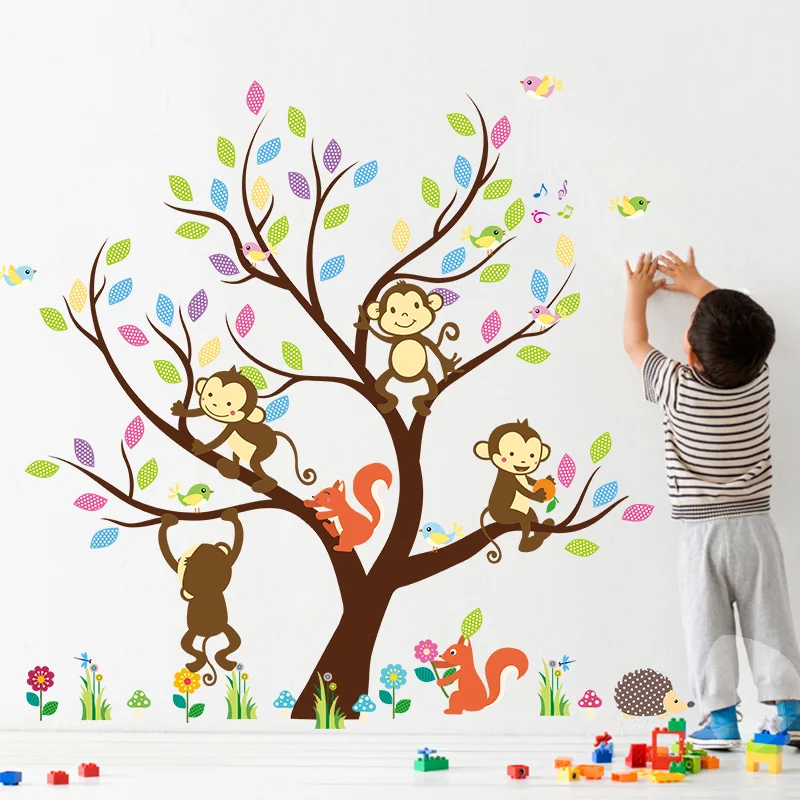 

Forest Giraffee Lion Monkey Tree birds Butterfly around tree wall stickers decals Cartoon mural art Wall poster children gift