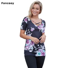 Европейский и американский сексуальный низкий воротник Грудь скрещенный короткий рукав Элегантный принт тонкая футболка 250029