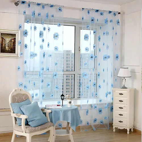 Отвесные занавески с цветочным принтом для гостиной, кухни, тюль, отвесная панель, занавески на окно, вуаль, занавески для спальни - Цвет: blue