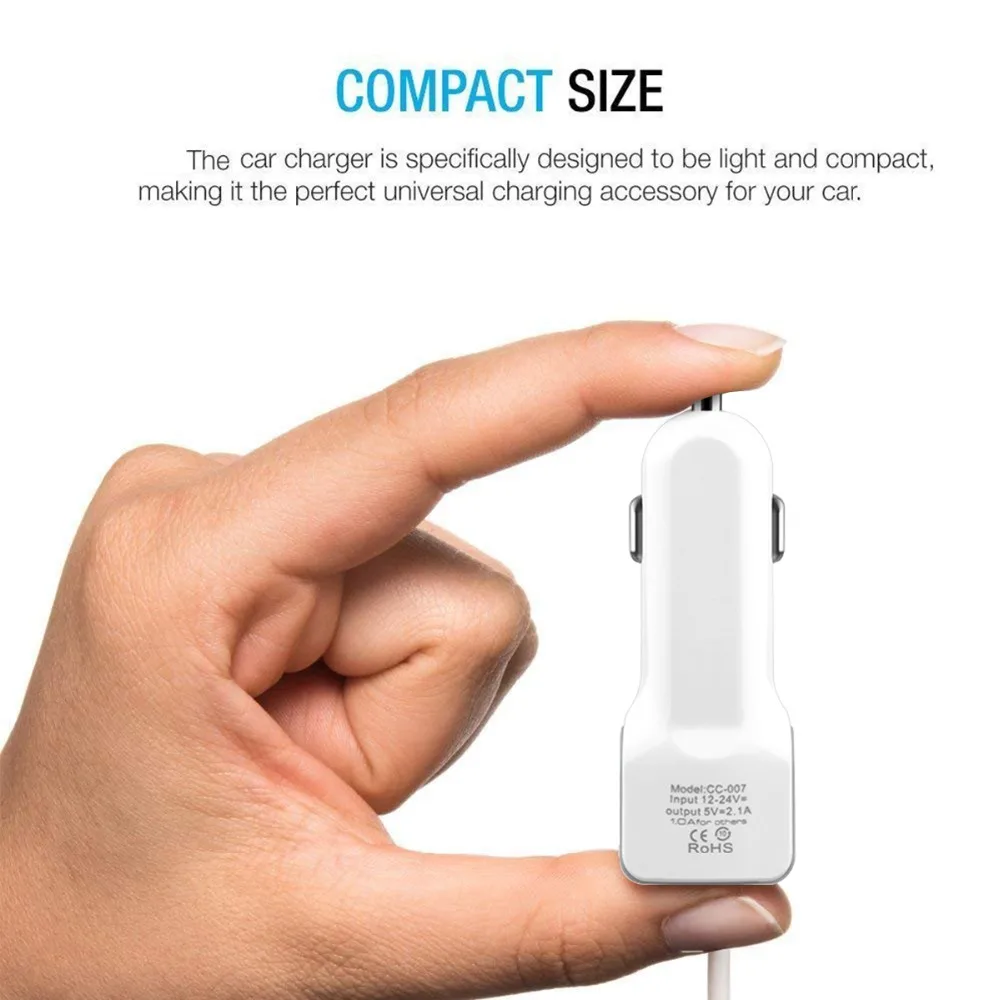 SOONHUA Portable 2.1A USB Car Charger Mobile Phone Charger IC Control Protection Adapter With LED Indicator Micro Type C Cable