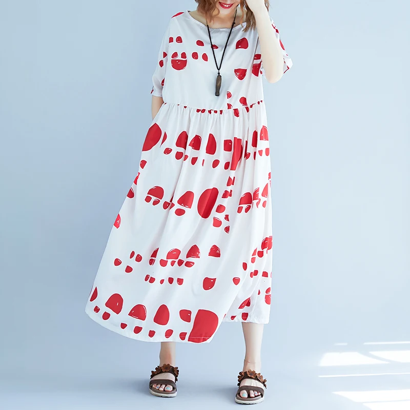 Высокая талия-Line женские свободные платья плюс размер красный горошек печати Длинные платья для женщин халат женственный jn396