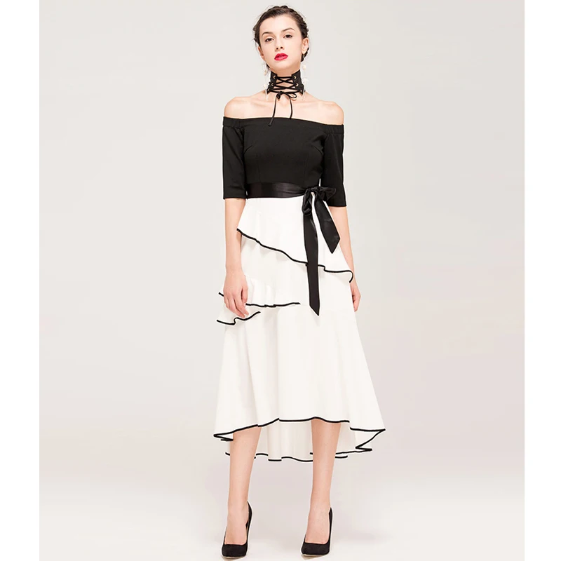 fashion dress for women clothing 2017 black and white patchwork ruffles off shoulder silk satin belt high low elegant long dress