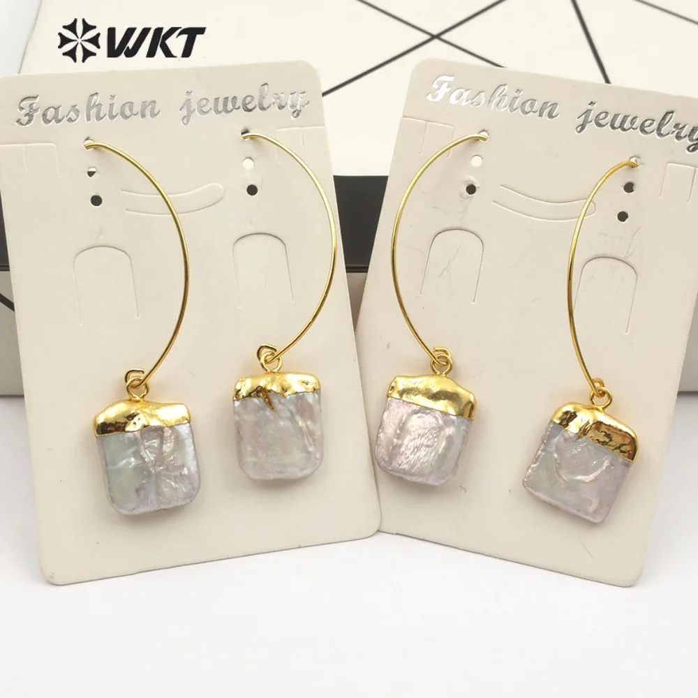 

WT-E492 WKT Classic Simple Wind Earrings Vintage Gold Hoop with Natural Square Freshwater Pearl Pendant Gift Party Earrings