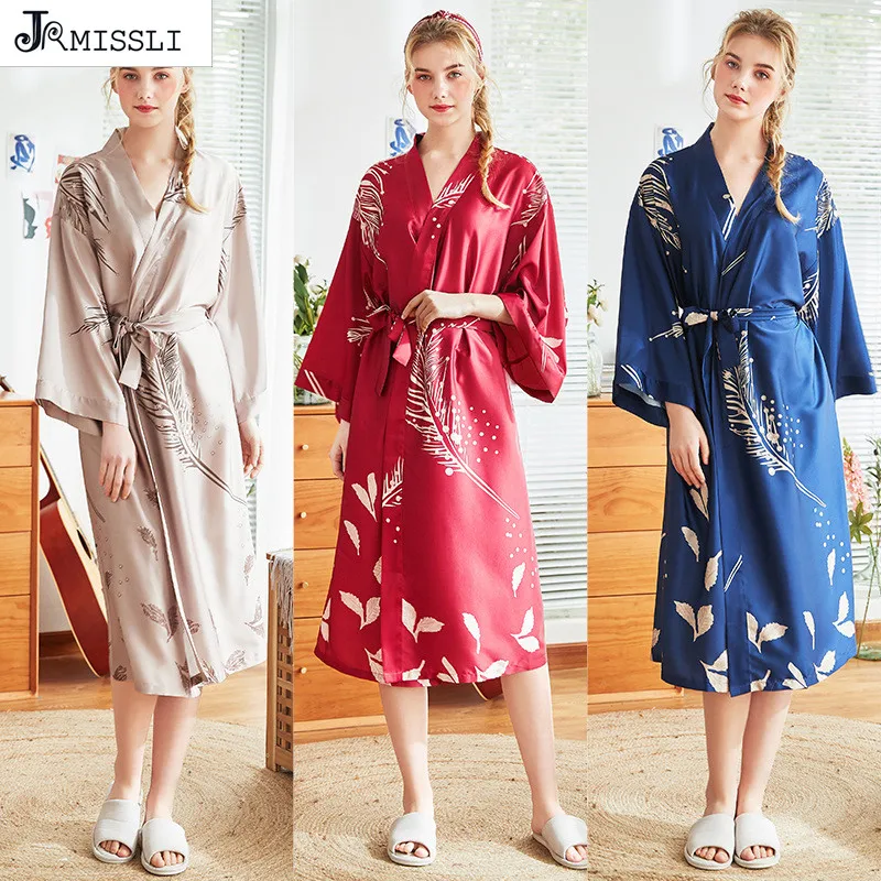 

JRMISSLI Female Sexy V-neck Robes Rayon Silk Sleepwear Long Printed Nightgown Wedding Bride Robe Plus Size