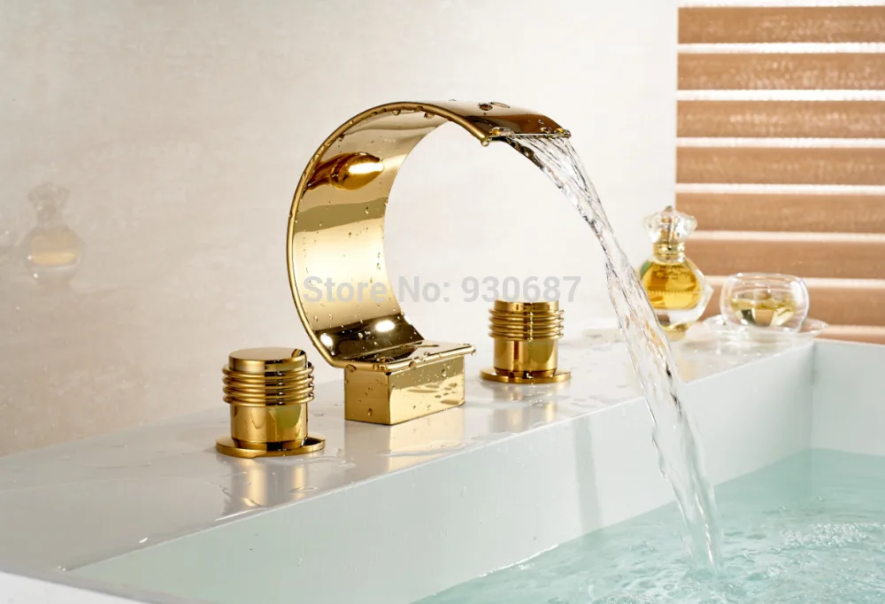 

Waterfall Basin faucet Golden Dual Handle Bath Centerset Mixer Tub Tap