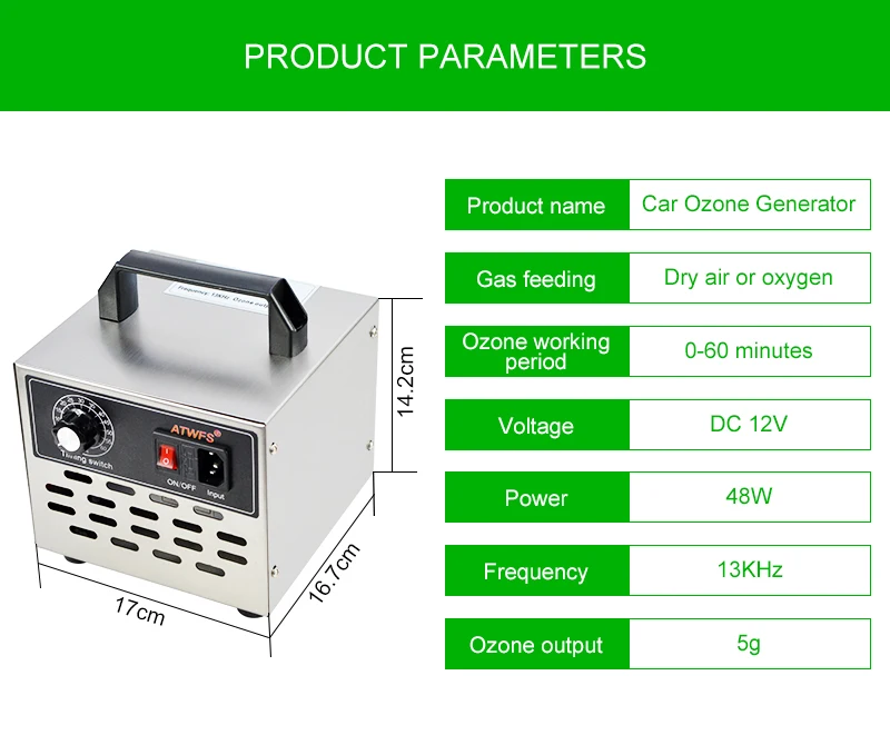 ATWFS автомобильный генератор озона 12 в источник питания озонатор для автомобиля воздухоочиститель 5 г озонатор для удаления запаха стерилизатор с переключателем времени